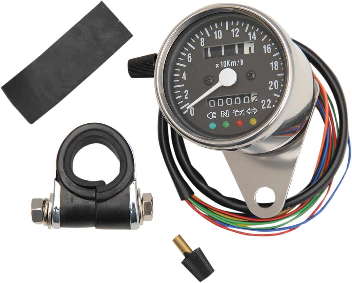 MPH Mini Mechanical Speedometer with LED Indicators - Black Face - 2:1 Ratio - 2.4"