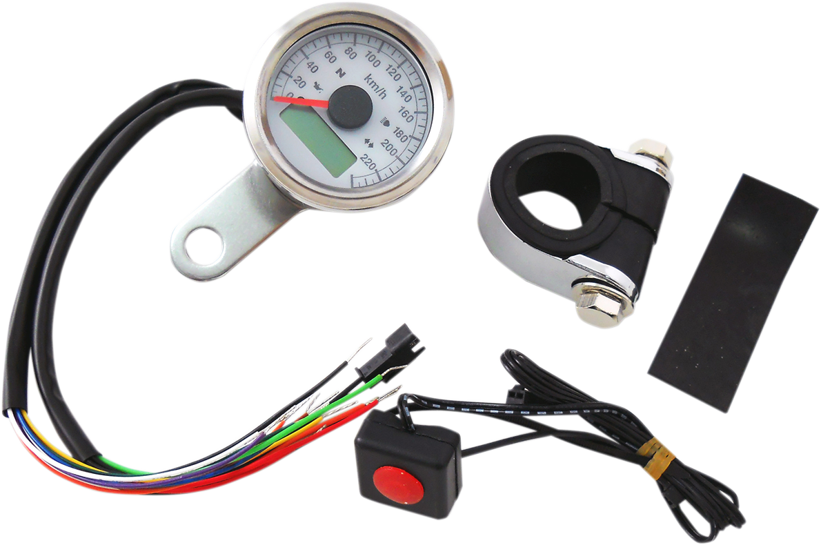 Programmable Speedometer with Indicator Lights - Natural - 140 MPH LED White Face - 1-7/8"